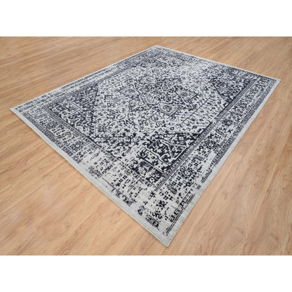 8'X10' Black Wool And Silk Hand Loomed Erased Serapi Heris Design Rug