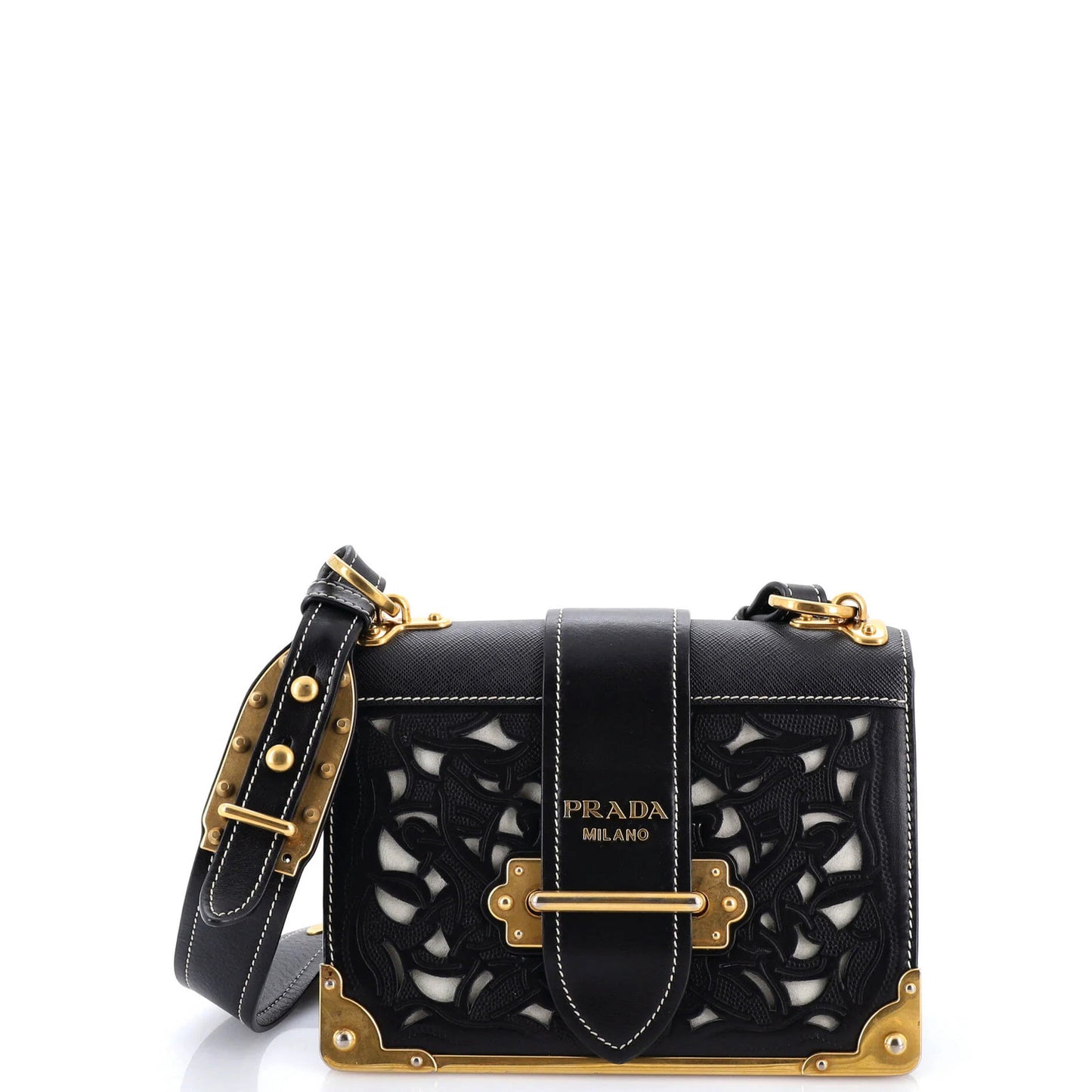 Prada Cahier Crossbody Bag Studded Laser Cut Leather Small