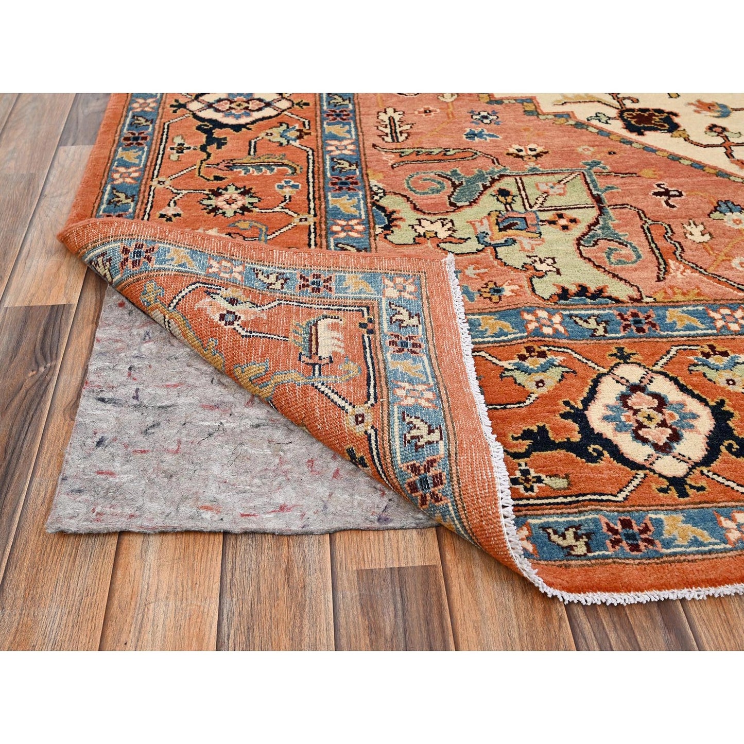8'X9'7" Orange Afghan Peshawar Seeripe Heris Design Hand Knotted Wool Rug
