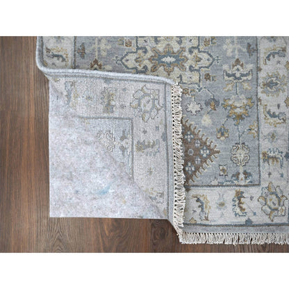 2'7"X6' Flannel Gray Karajeh Geometric Design Hand Knotted Shiny Wool Rug