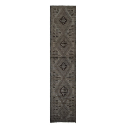 2'9"X12'8" Brown Washed Out Afghan Balooch Wool Hand Knotted Runner Rug
