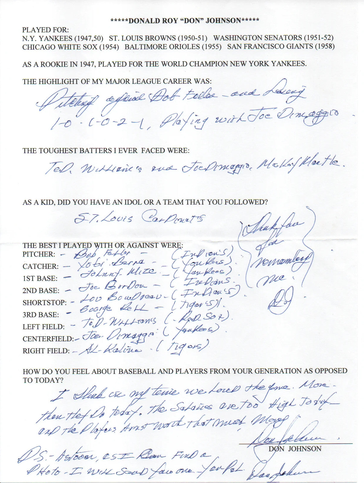 Don Johnson Autographed Hand Filled Out Survey