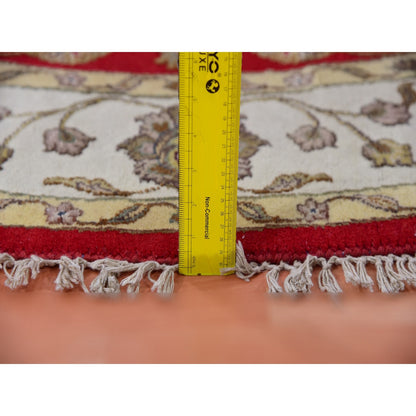 6'X6' Red Rajasthan All Over Pattern Hand Knotted Wool Silk Round Rug