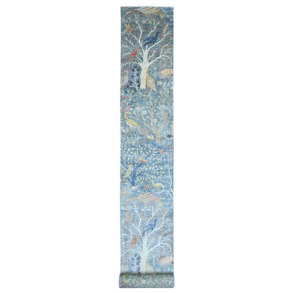 2'6"X25'7" Blue Afghan Peshawar Birds Design Hand Knotted Wool Runner Rug