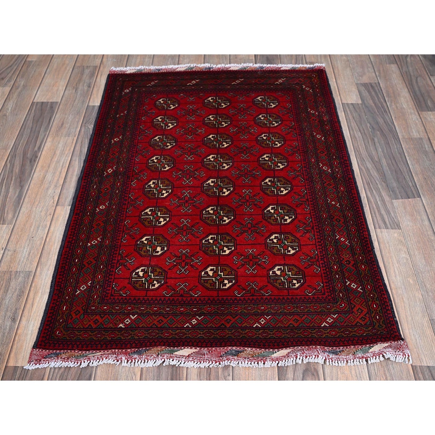 2'8"X3'9" Red Princess Bokara Geometric Design Soft Wool Hand Knotted Rug