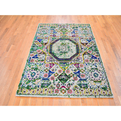 5'X7' Colorful Sari Silk Mamluk Design Hand Knotted Oriental Rug