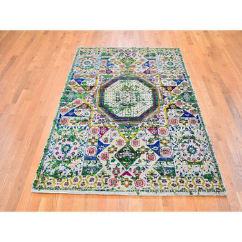 5'X7' Colorful Sari Silk Mamluk Design Hand Knotted Oriental Rug