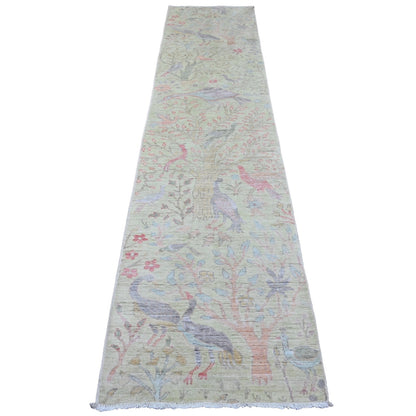 2'6"X11'4" Green Peshawar Birds Design Hand Knotted Soft Wool Runner Rug
