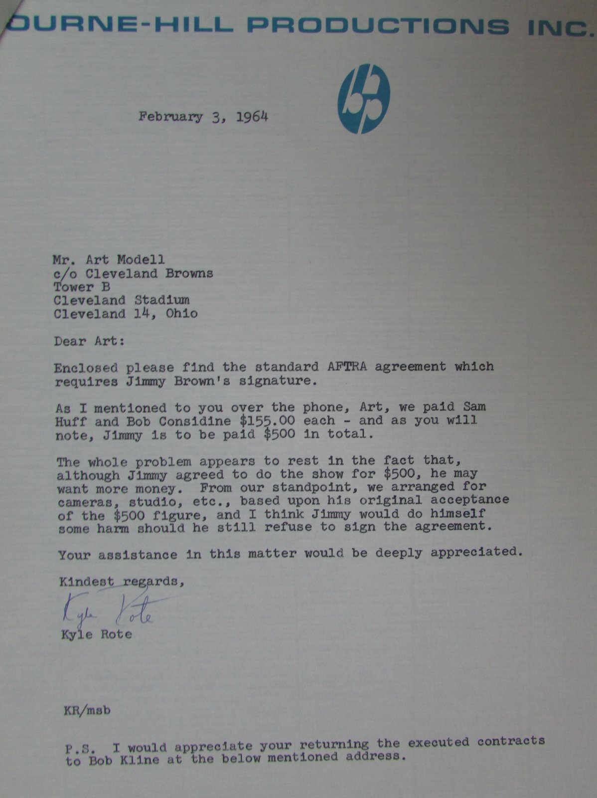 February 1964 Letters(2) To And From Art Modell To Bourne-Hill Company 144994
