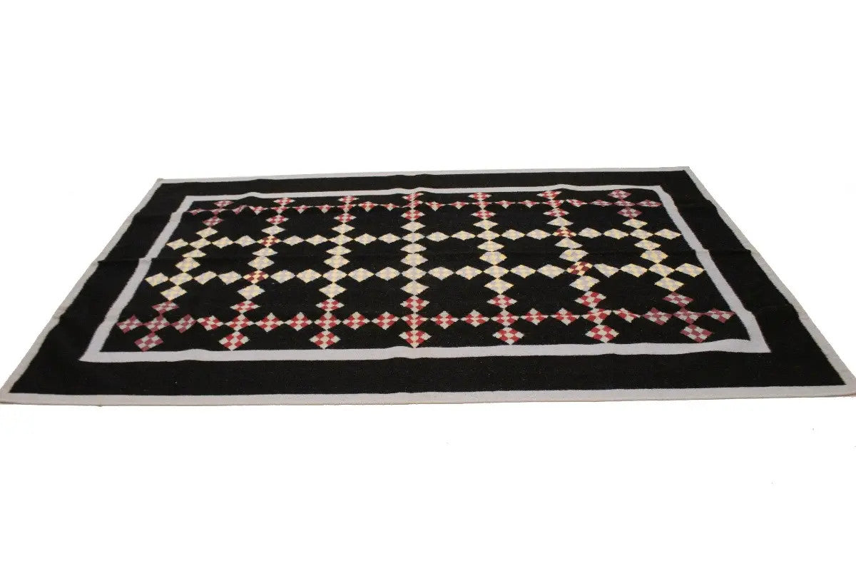 Black floral dhurrie wool rug flat weave reversible oriental carpet