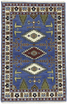 Hand-Knotted Kazak Oriental Rug 4X6 Ft Blue