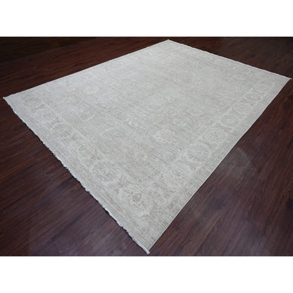 9'X12' Gray Hand Knotted Washed Out Peshawar Vines Design 100% Wool Rug