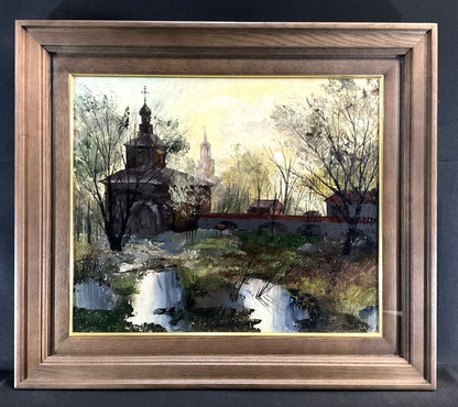 Russian Oil Painting Church Landscape By Nasonov | Original Signed | 38X45.5 Cm