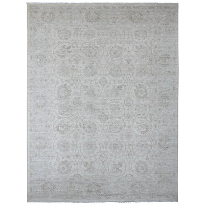 8'8"X11'5" White Hand Knotted Washed Out Peshawar Leaf Pattern Wool Rug