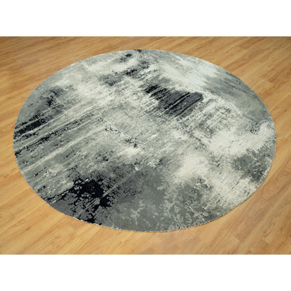 8'X8' Black Hand Knotted Abstract Wool And Silk Round Rug
