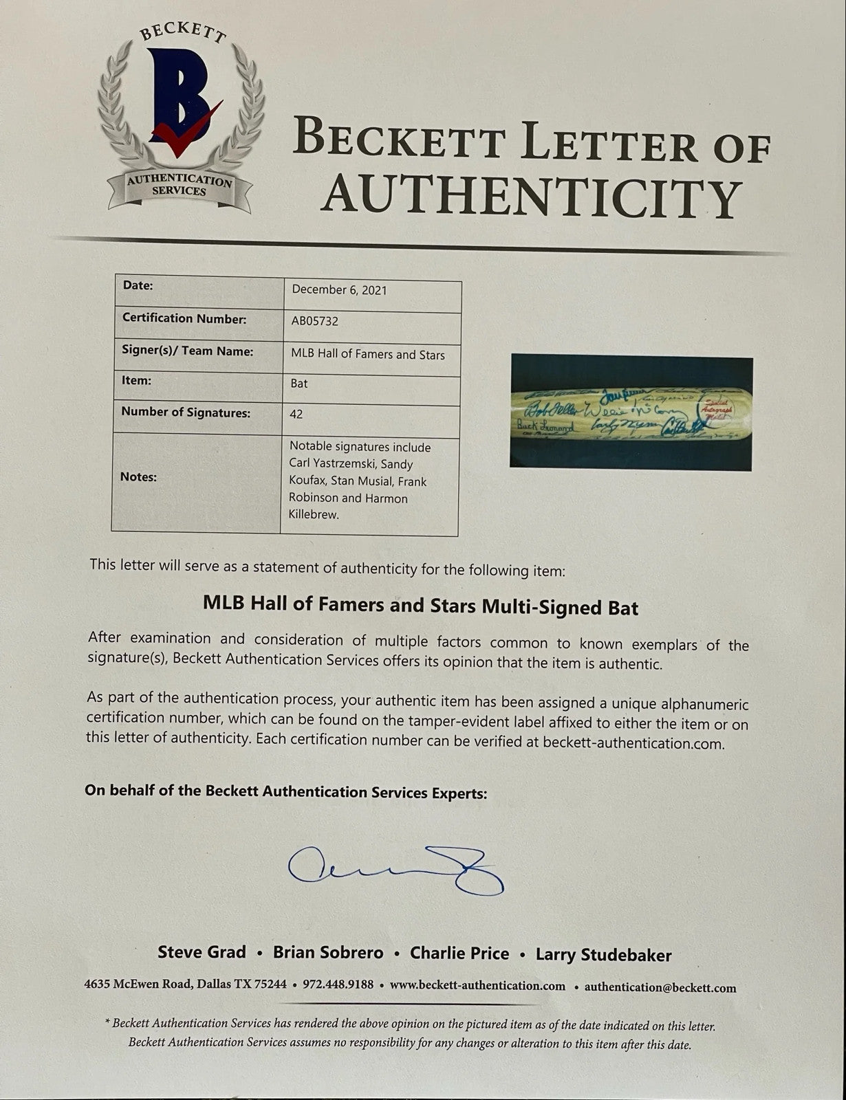 Hall Of Fame & Legends Autographed Cooperstown Bat (Beckett)