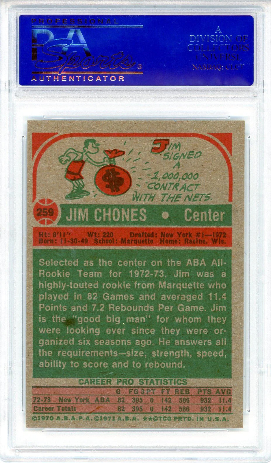 Jim Chones 1973 Topps Card #259 (Psa Mint 9)