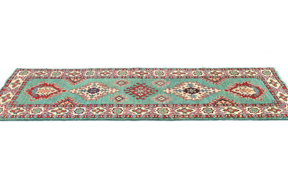 Hand-Knotted Kazak Tribal Runner Rug Geometric