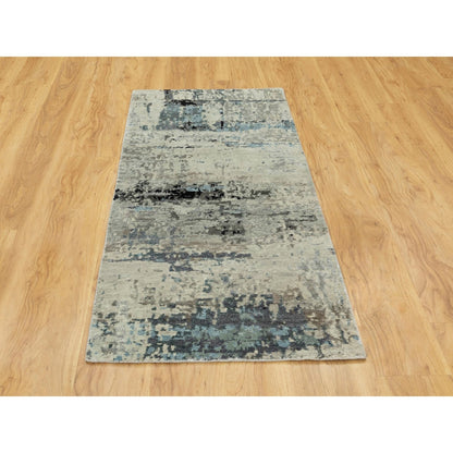 2'6"X5'10" Abstract Design Silver-Blue Hand Knotted Wool-Silk Runner Rug