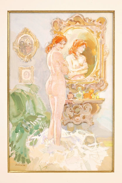 Erno Zorad "Mirror" Signed Watercolor Nude Painting - Rare Hungarian Artist