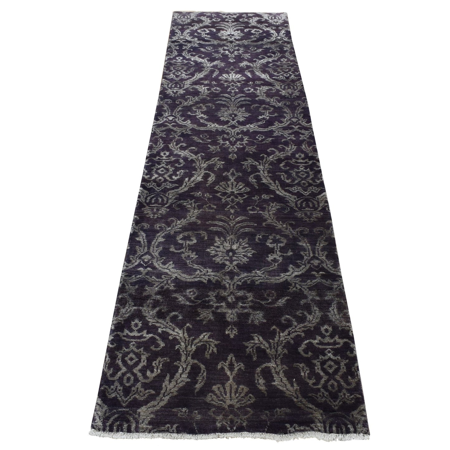 2'5"X9'8" Brown Damask Tone On Tone Wool And Silk Hand Knotted Runner Rug