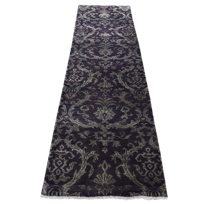 2'5"X9'8" Brown Damask Tone On Tone Wool And Silk Hand Knotted Runner Rug