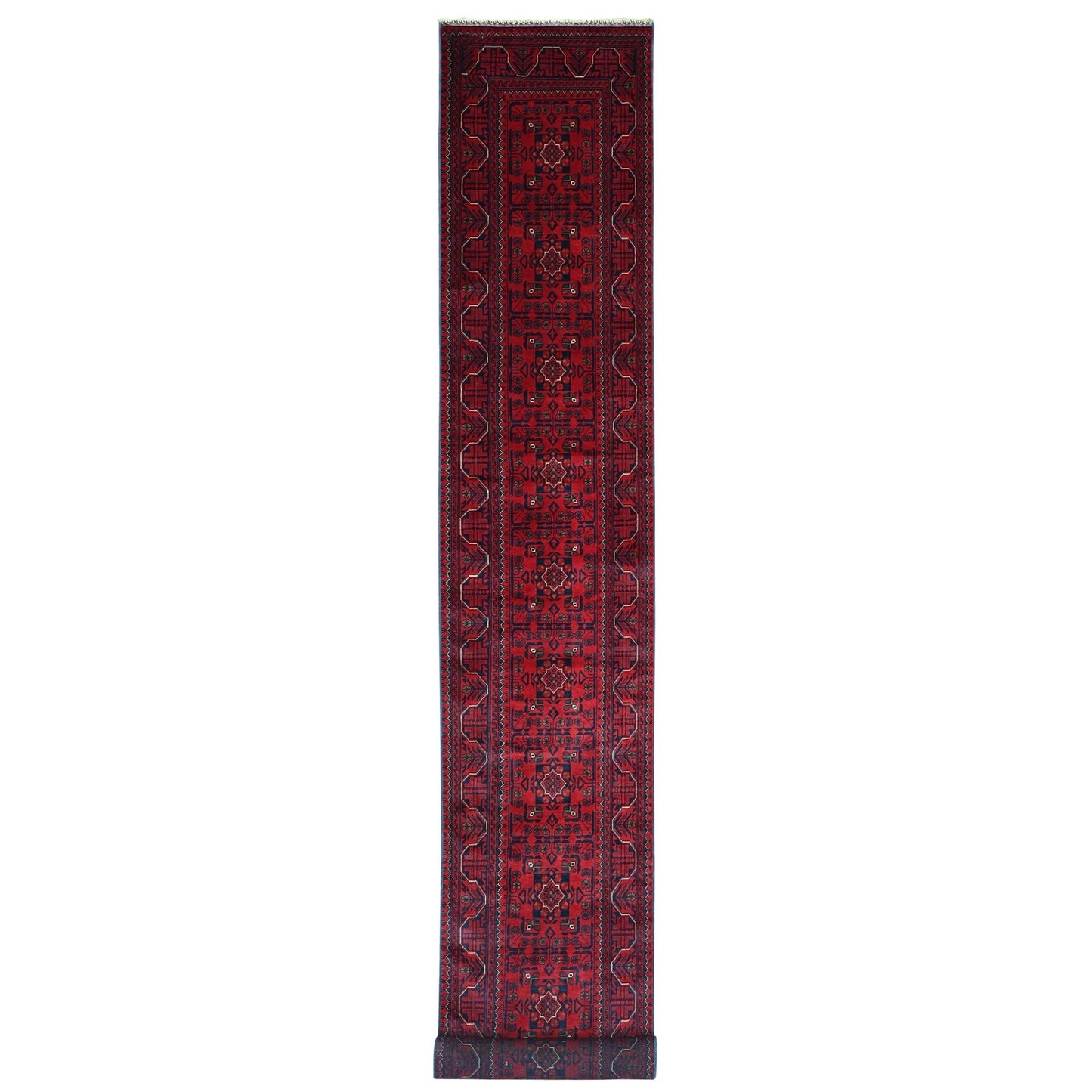 2'5"X19'2" Red Afghan Khamyab Star Design Wool Hand Knotted Runner Rug