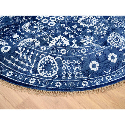 8'2"X8'2" Denim Blue Wool And Silk Hand Knotted Tebraz Round Rug
