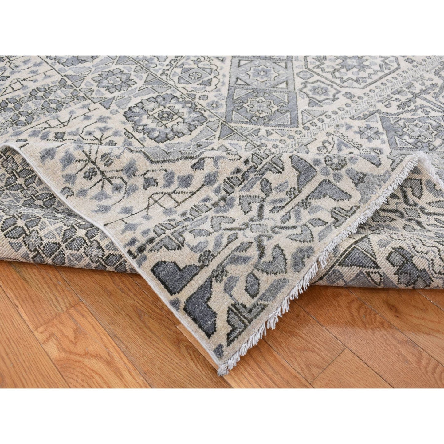 8'2"X10'5" Gray Ottoman Mamluk Design Hand Knotted Undyed Wool Rug
