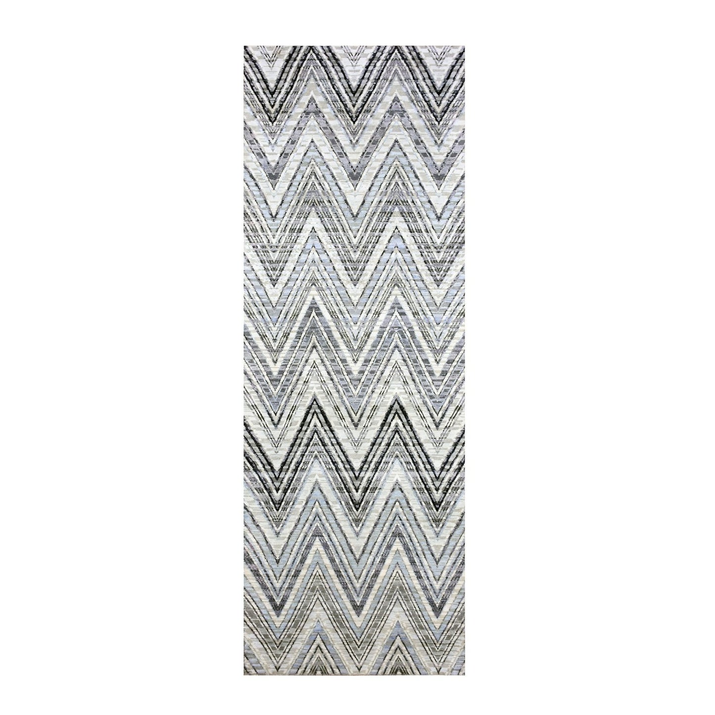 Rug 4'2"x12'4" Ivory Modern Textured Wool-Pure Silk Hand Knotted Runner