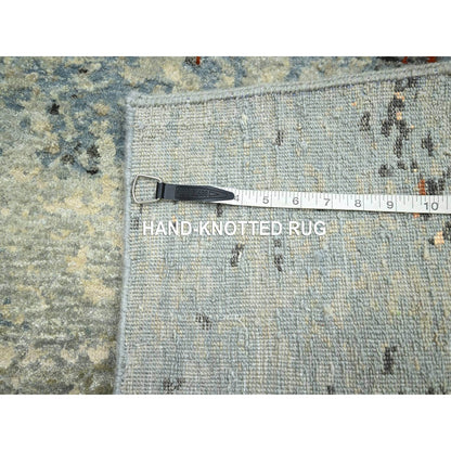 2'6"X12'2" Beige With Blue Abstract Design Wool Hand Knotted Runner Rug