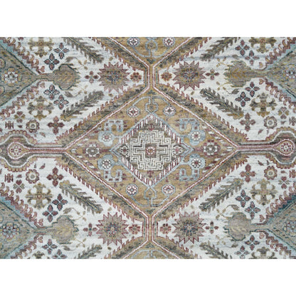 9'9"X9'9" Ivory Hand Knotted Flower Rosettes Border Round Oriental Rug