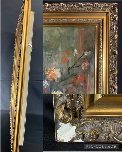 Signed Oil Painting Flowers Blue Teacup Framed Still Life