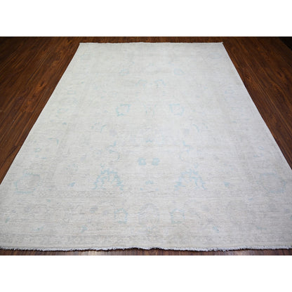 8'X9'7" Ivory Natural Wool Hand Knotted White Wash Peshawar Rug