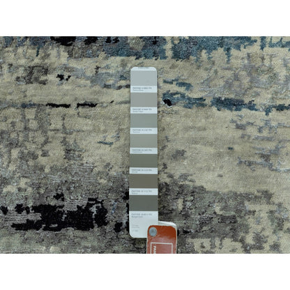 2'X2'10" Abstract Design Hilow Pile Silver-Blue Handknotted Wool-Silk Rug