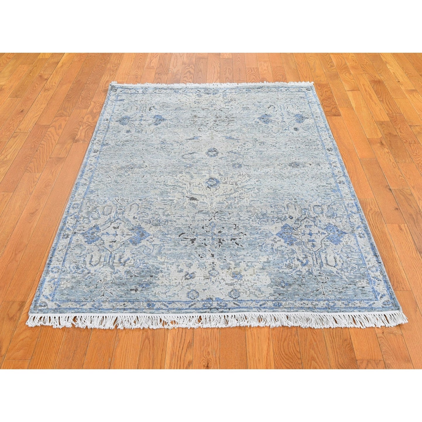 4'X6' Blue Pure Silk With Textured Wool Distressed Oushak Handknotted Rug