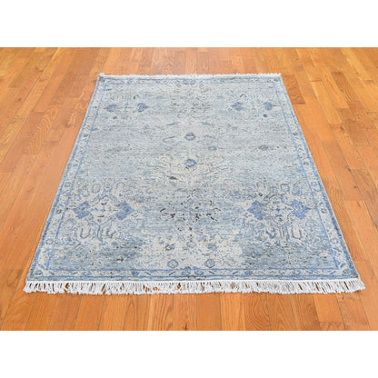 4'X6' Blue Pure Silk With Textured Wool Distressed Oushak Handknotted Rug