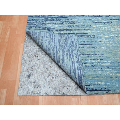 8'1"X10'4" Denim Blue Horizontal Ombre Design Pure Wool Hand Knotted Rug