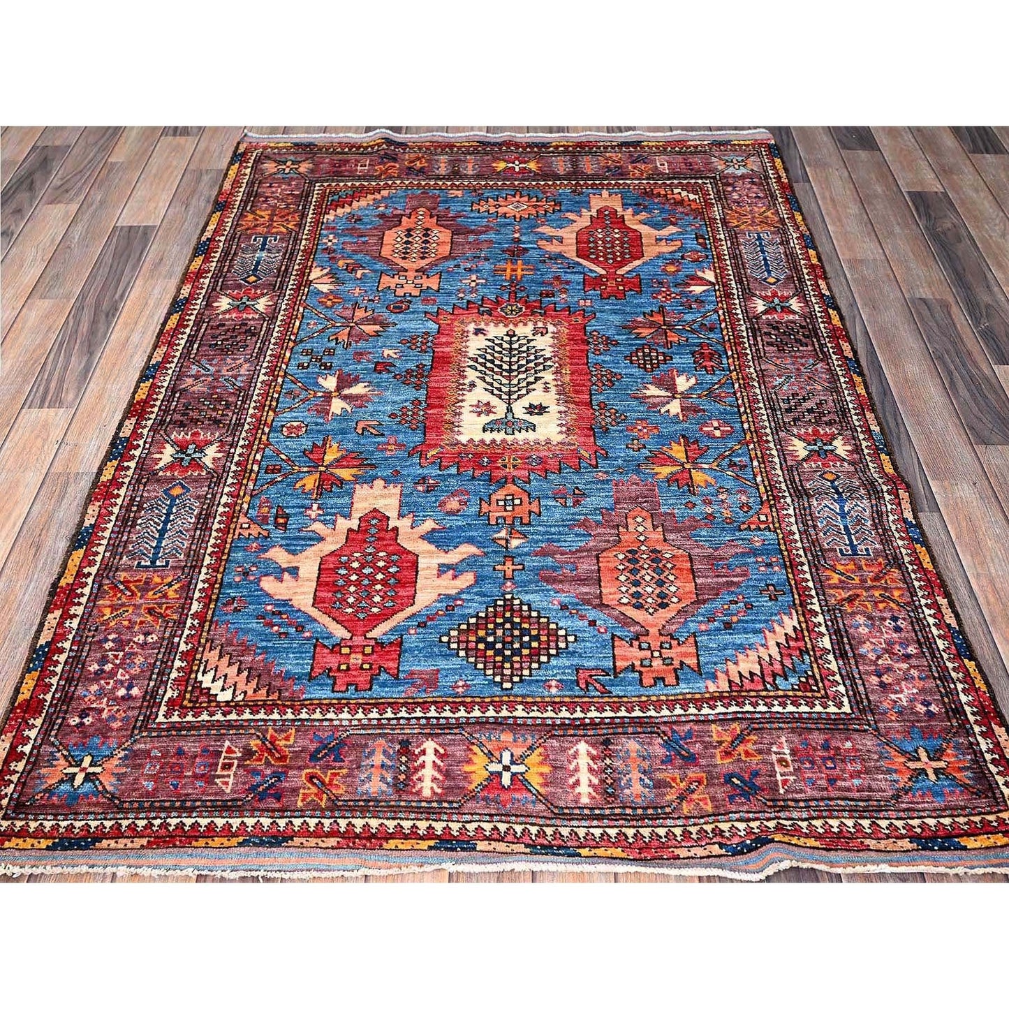 4'3"X5'7" Blue Afghan Caucasian Design Revival Hand Knotted Soft Wool Rug