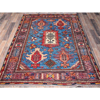 4'3"X5'7" Blue Afghan Caucasian Design Revival Hand Knotted Soft Wool Rug