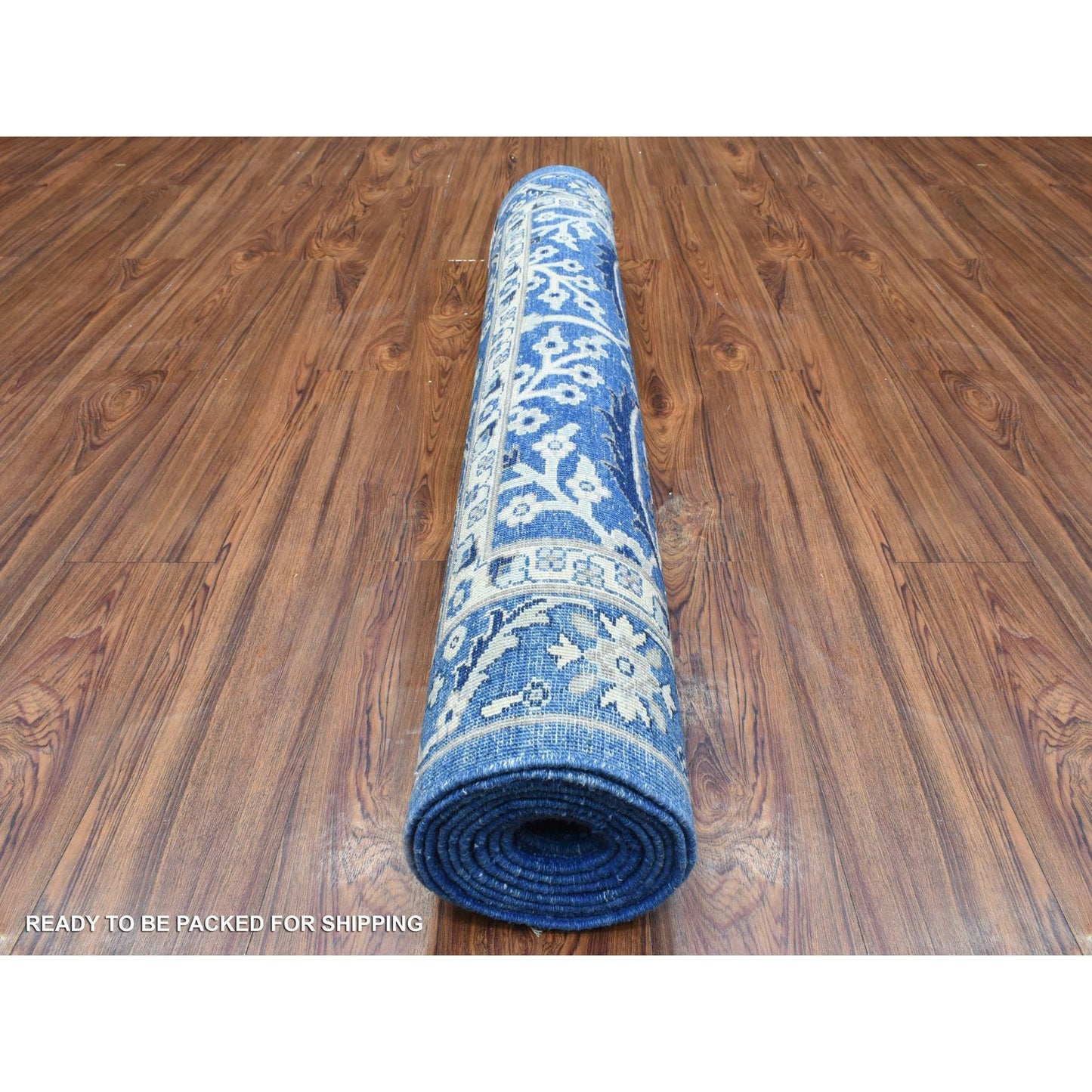 4'3"X11'9" Blue Fine Peshawar Soft Wool Hand Knotted Wide Runner Rug