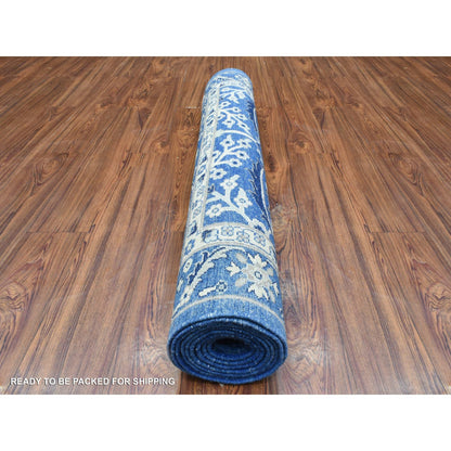 4'3"X11'9" Blue Fine Peshawar Soft Wool Hand Knotted Wide Runner Rug