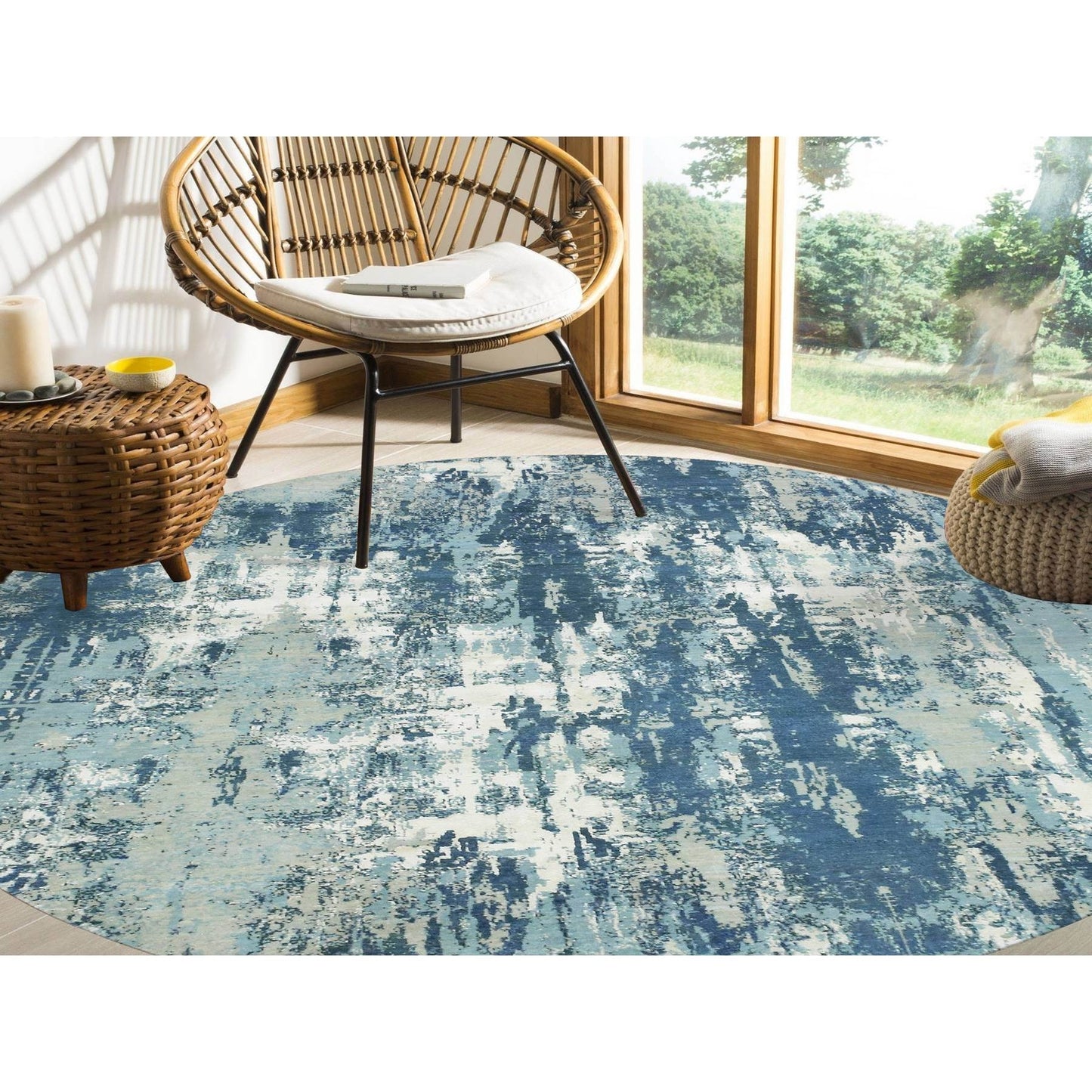 9'x9' Blue Hand Knotted Abstract Design Pure Silk and Wool Round Rug