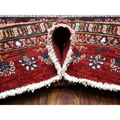 9'7"X9'7" Red Round Super Kazak Khorjin Design Natural Wool Oriental Rug