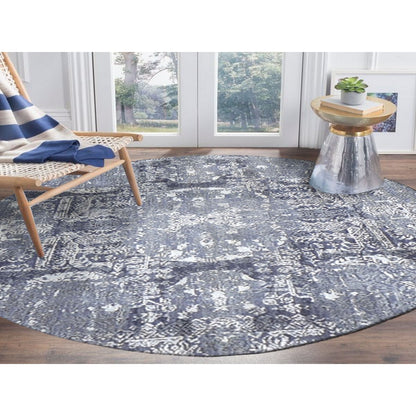 4'X4' Round Gray Wool And Pure Silk Jewellery Design Hand Knotted Rug