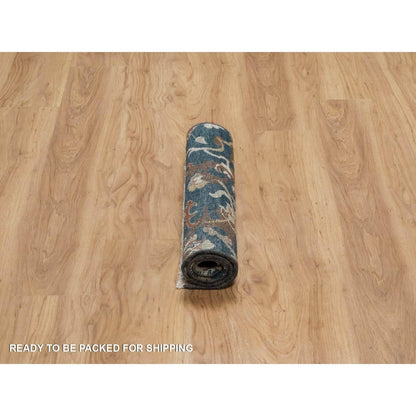 2'1"X3' Yale Blue Broken Pattern Oushak Design Wool Hand Knotted Mat Rug