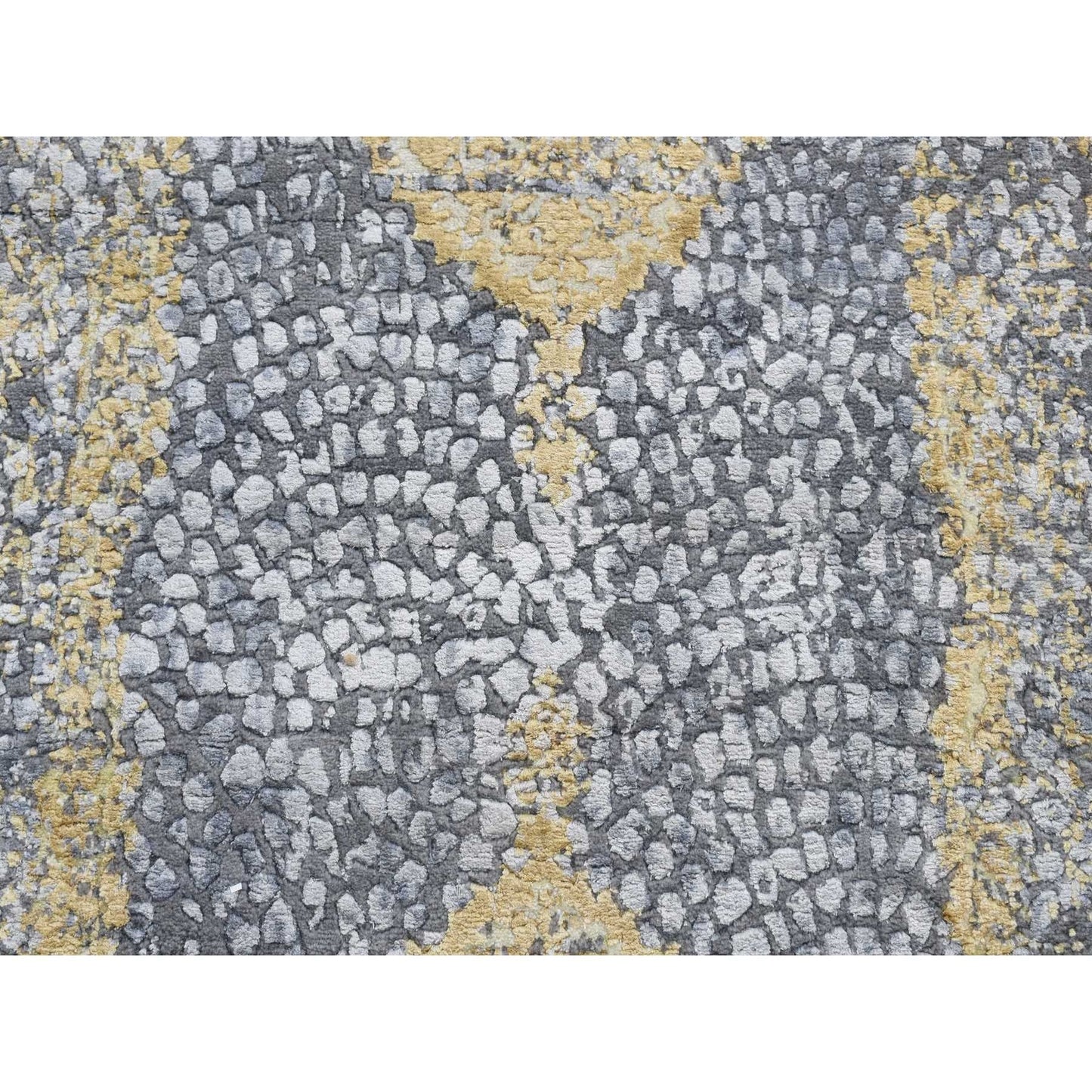 3'X8' Gray Zoroastrian Design Wool And Silk Hand Knotted Wide Runner Rug