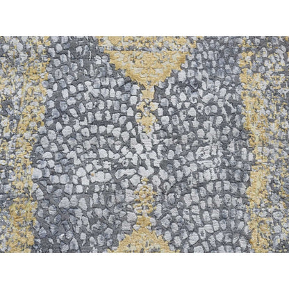 3'X8' Gray Zoroastrian Design Wool And Silk Hand Knotted Wide Runner Rug