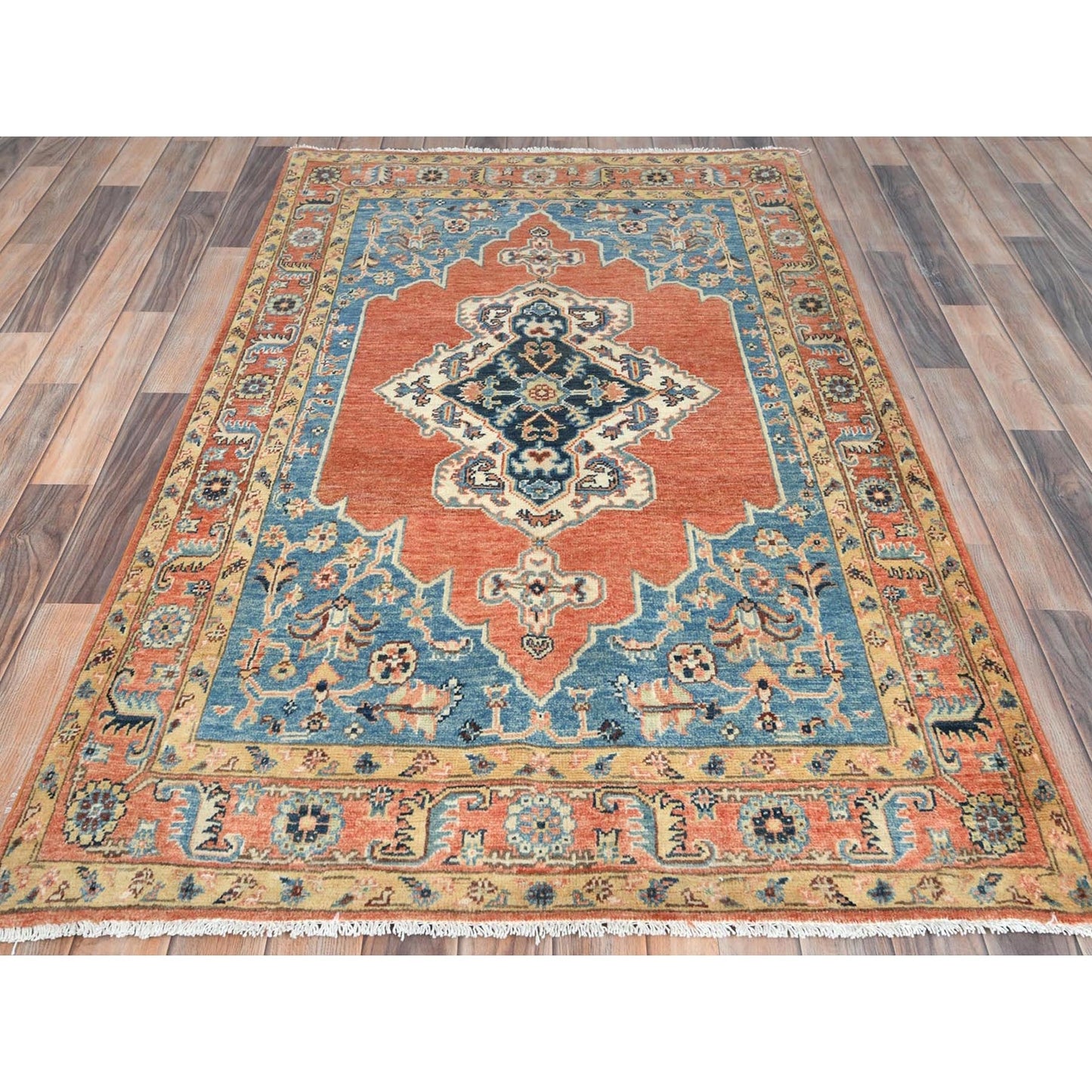 3'10"X6'2"Orange Afghan With Bookshaish Design Hand Knotted Pure Wool Rug