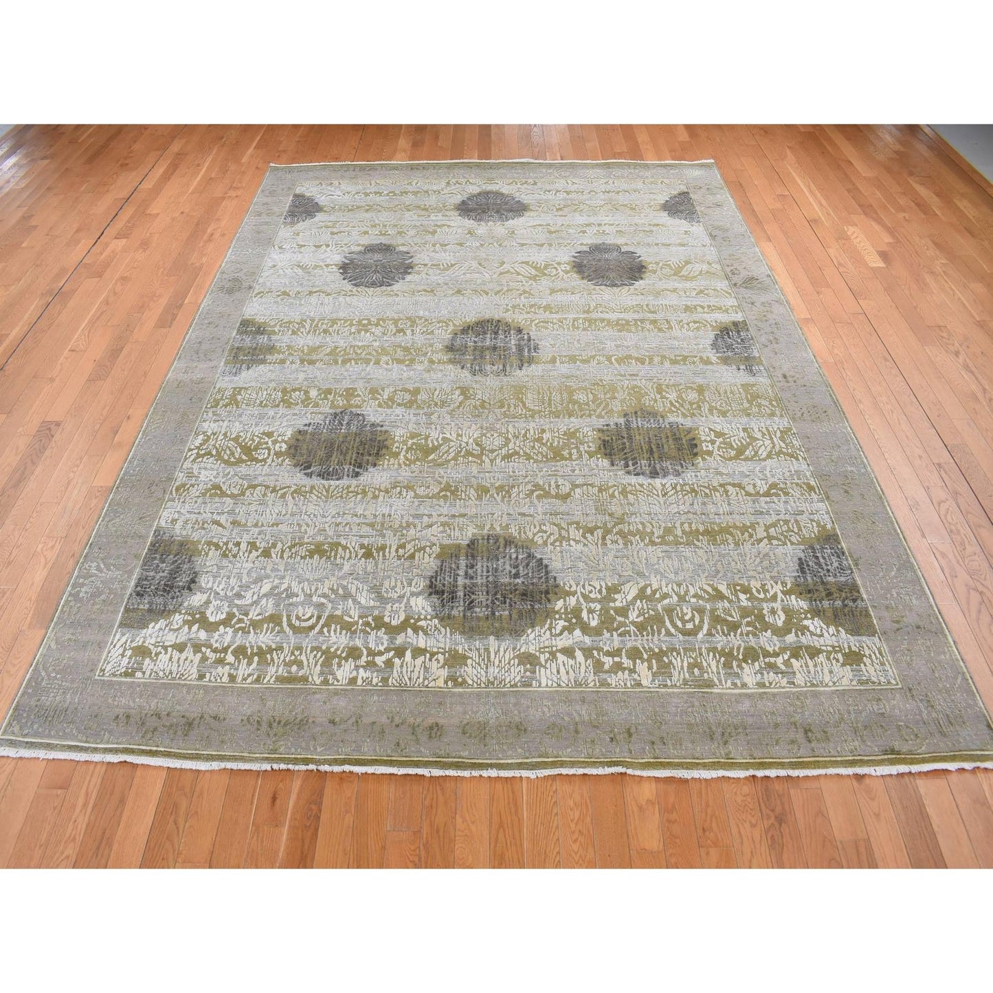 8'9"X12'1" Green Silk With Wool Abrash Artistic Motifs Hand Knotted Rug